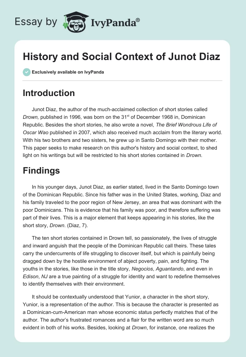 History and Social Context of Junot Diaz. Page 1