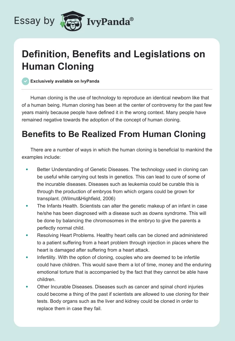 Definition, Benefits and Legislations on Human Cloning. Page 1