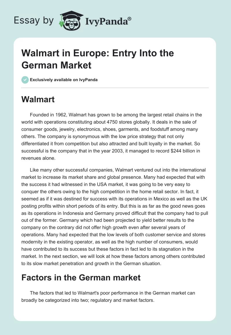 Walmart in Europe: Entry Into the German Market. Page 1