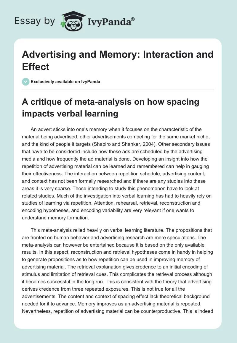 Advertising and Memory: Interaction and Effect. Page 1