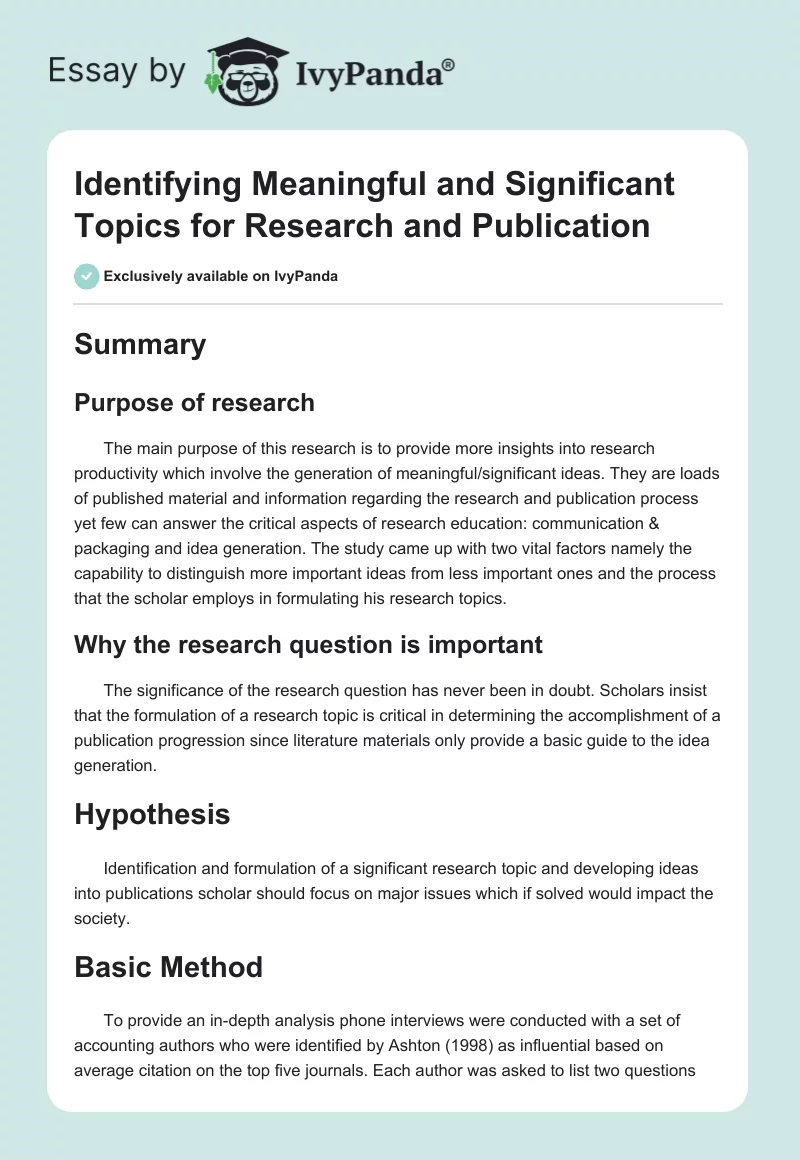 Identifying Meaningful and Significant Topics for Research and Publication. Page 1