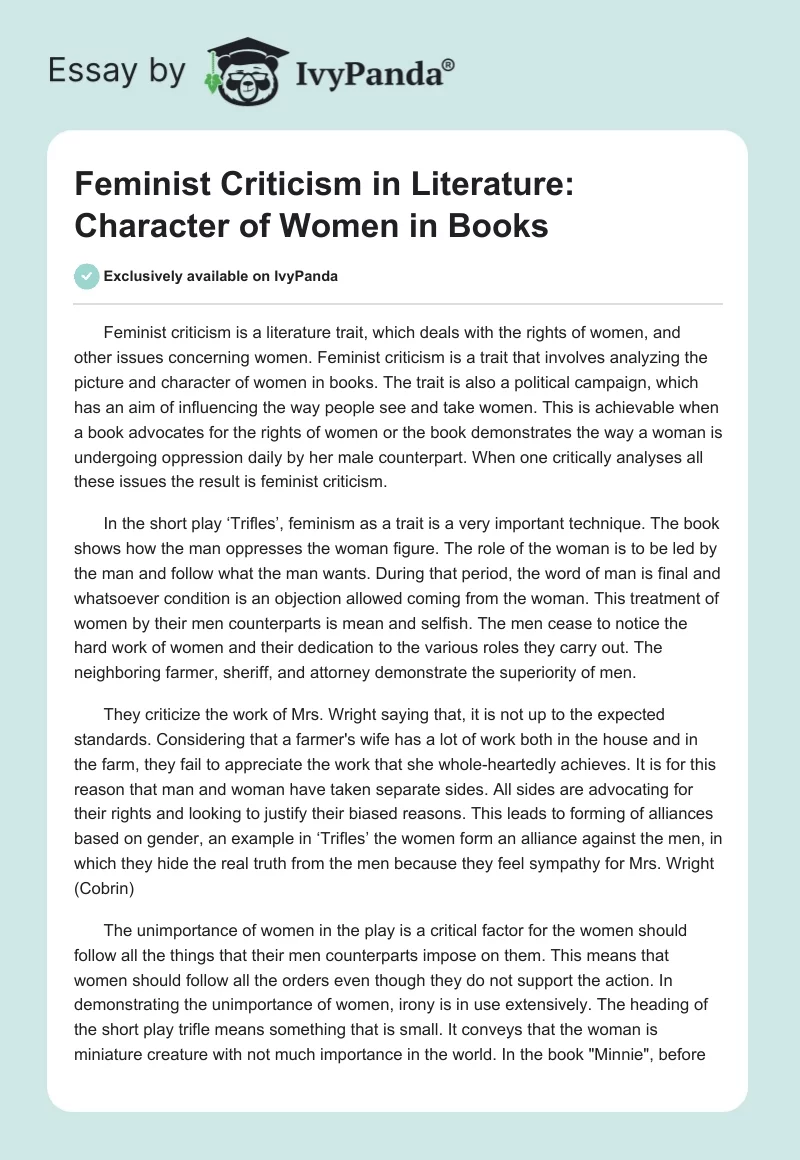 Feminist Criticism in Literature: Character of Women in Books. Page 1
