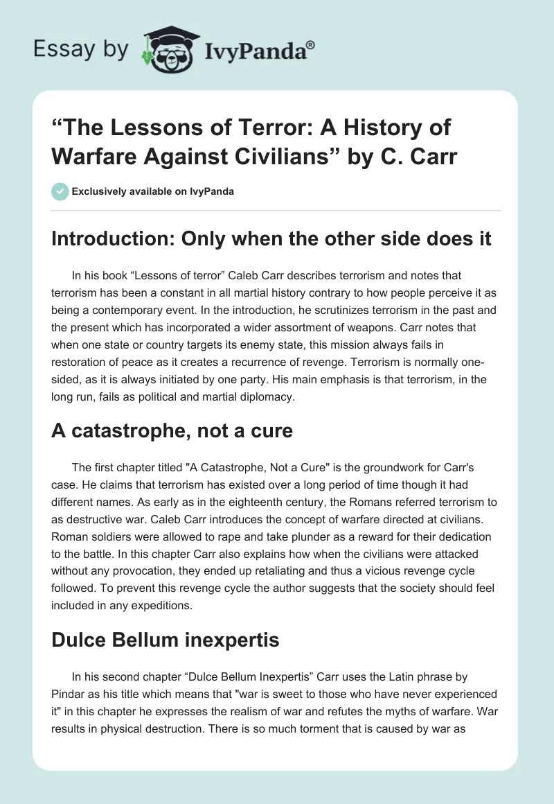 “The Lessons of Terror: A History of Warfare Against Civilians” by C. Carr. Page 1