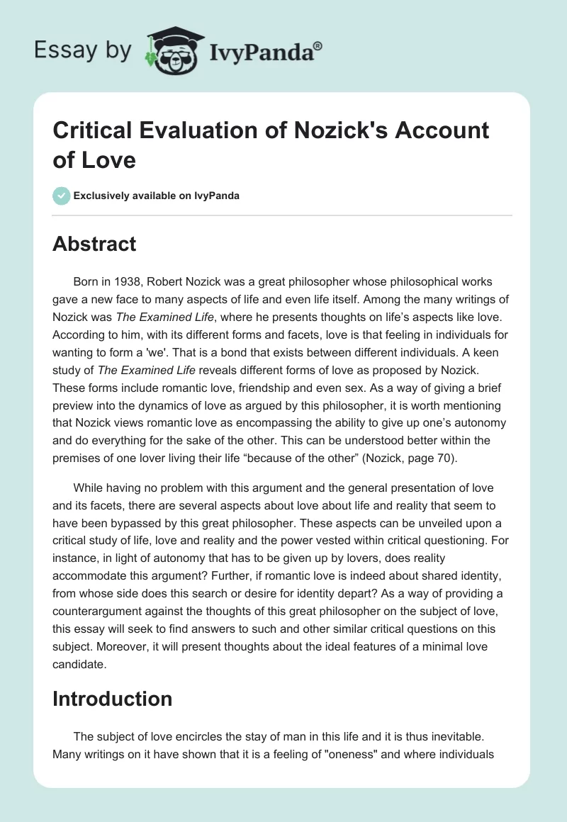 Critical Evaluation of Nozick's Account of Love. Page 1
