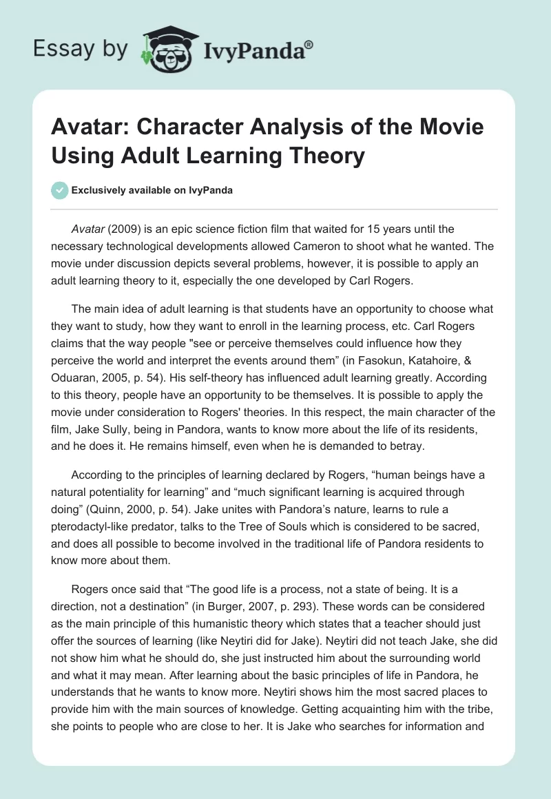 Avatar: Character Analysis of the Movie Using Adult Learning Theory. Page 1