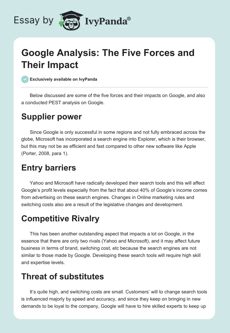 Google Analysis: The Five Forces and Their Impact. Page 1
