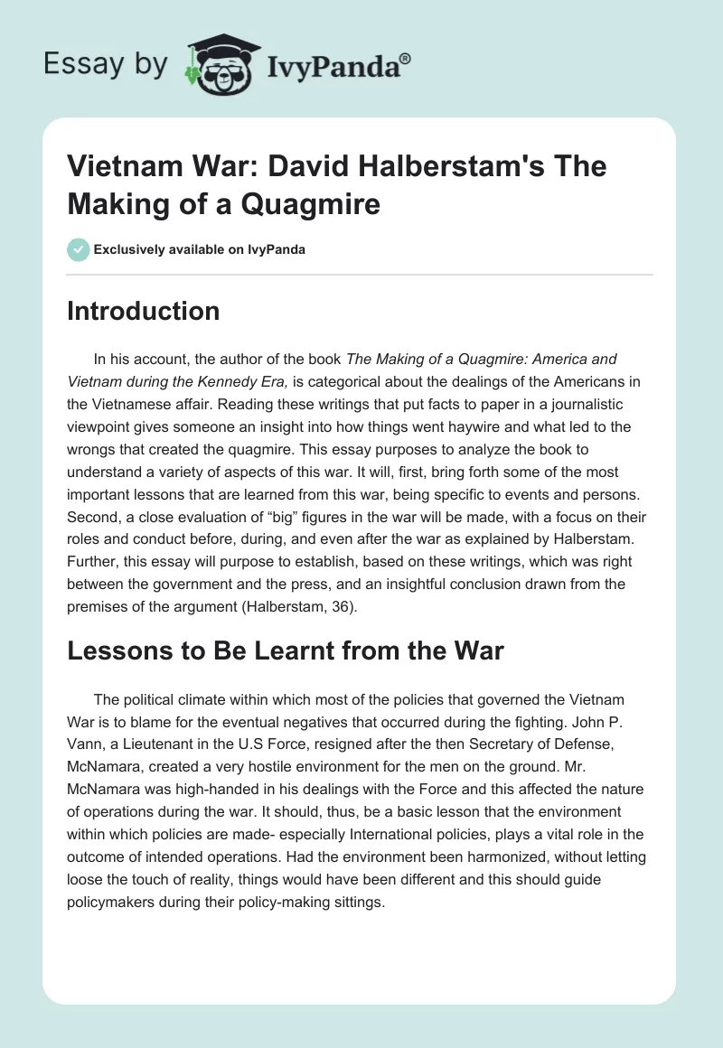 Vietnam War: David Halberstam's "The Making of a Quagmire". Page 1