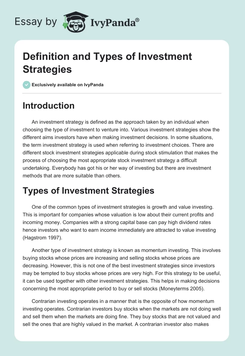 Definition and Types of Investment Strategies. Page 1