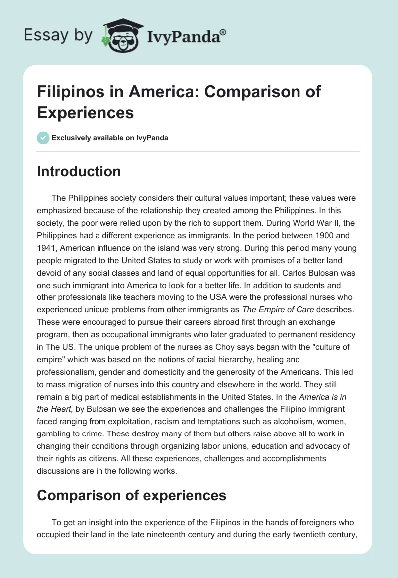 Filipinos in America: Comparison of Experiences. Page 1