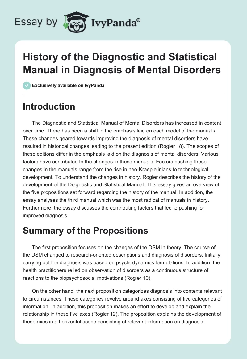 History of the Diagnostic and Statistical Manual in Diagnosis of Mental Disorders. Page 1