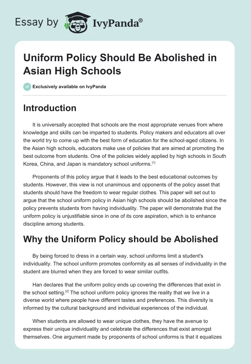 Uniform Policy Should Be Abolished in Asian High Schools. Page 1