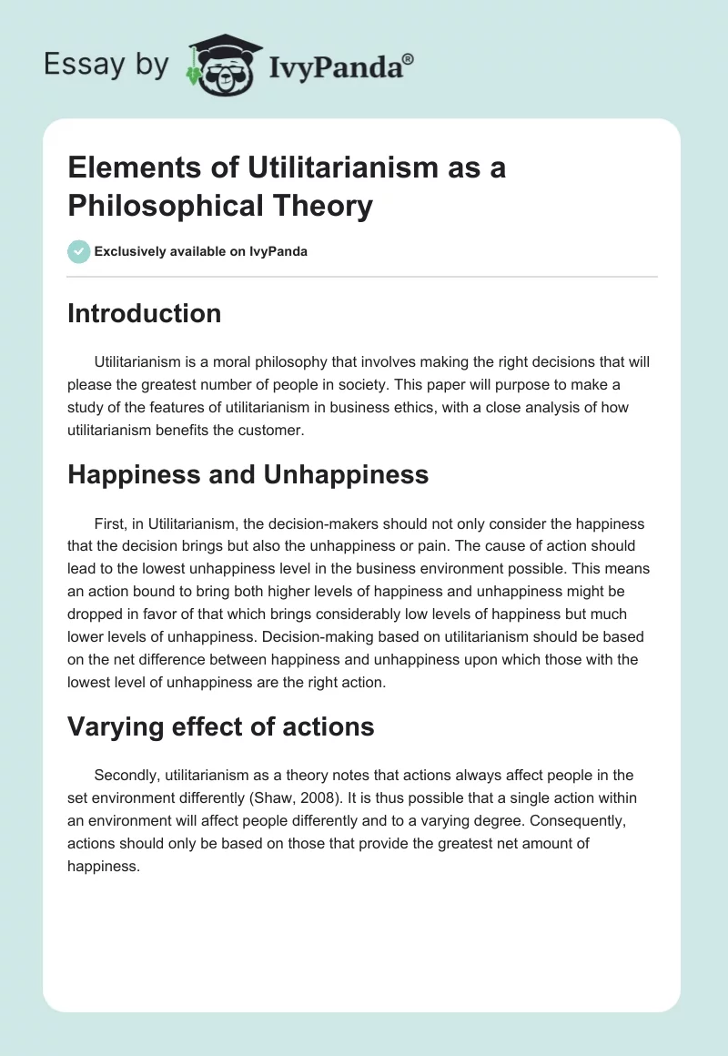 Elements of Utilitarianism as a Philosophical Theory. Page 1