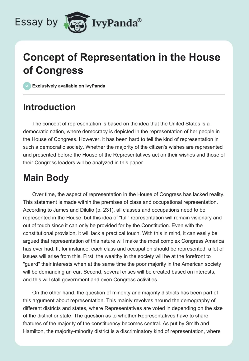 Concept of Representation in the House of Congress. Page 1