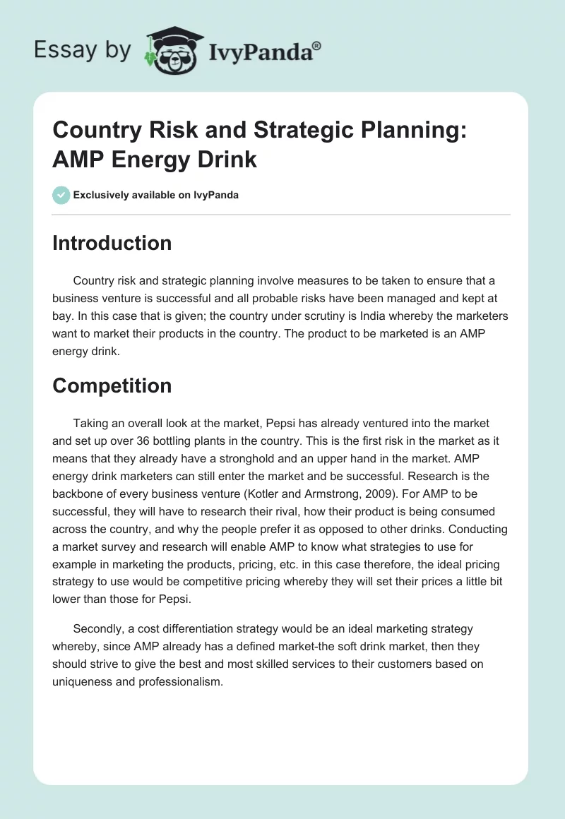 Country Risk and Strategic Planning: AMP Energy Drink. Page 1