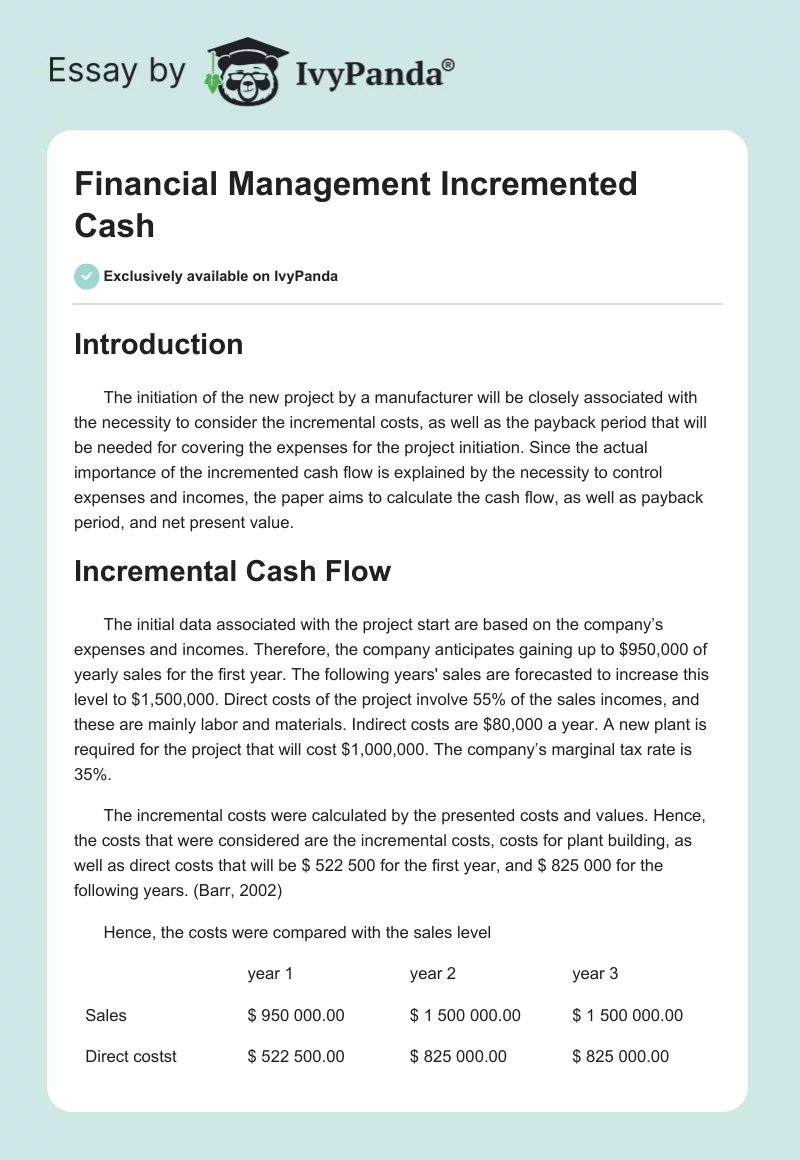 Financial Management Incremented Cash. Page 1