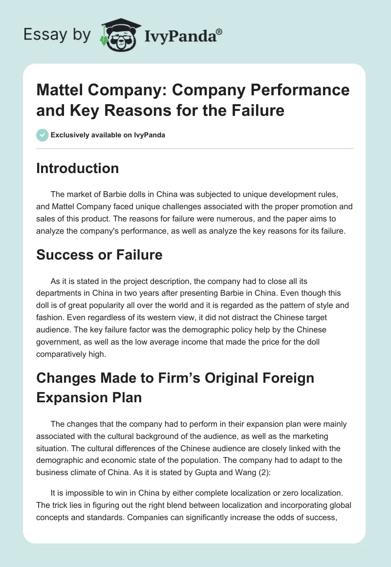 Mattel Company: Company Performance and Key Reasons for the Failure. Page 1