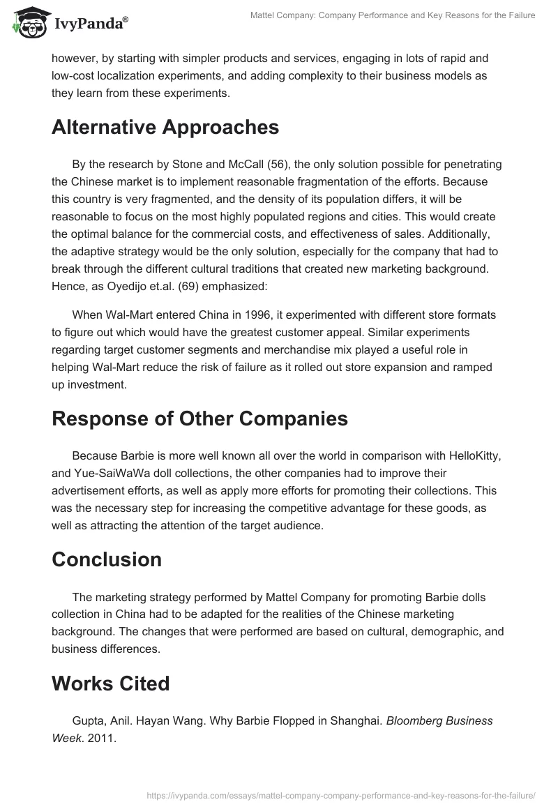 Mattel Company: Company Performance and Key Reasons for the Failure. Page 2