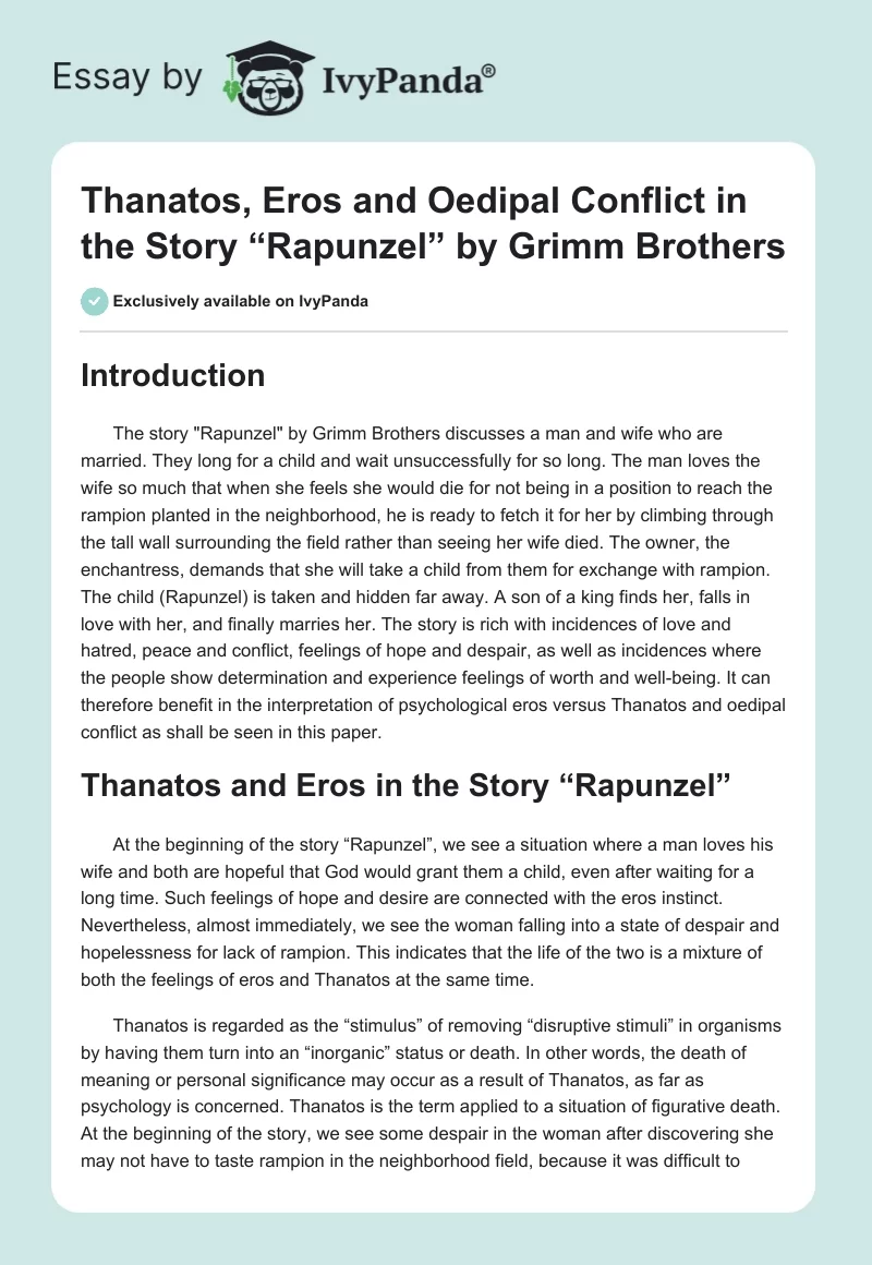 Thanatos, Eros and Oedipal Conflict in the Story “Rapunzel” by Grimm Brothers. Page 1