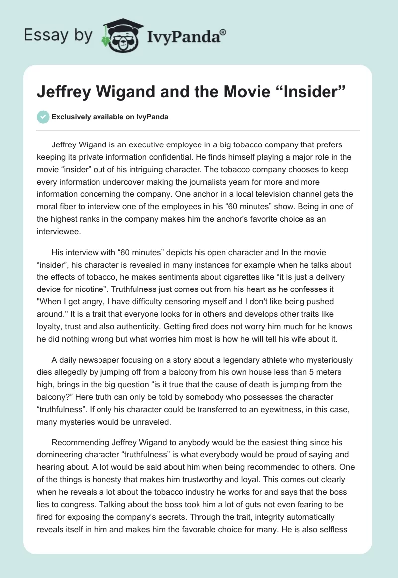 Jeffrey Wigand and the Movie “Insider”. Page 1