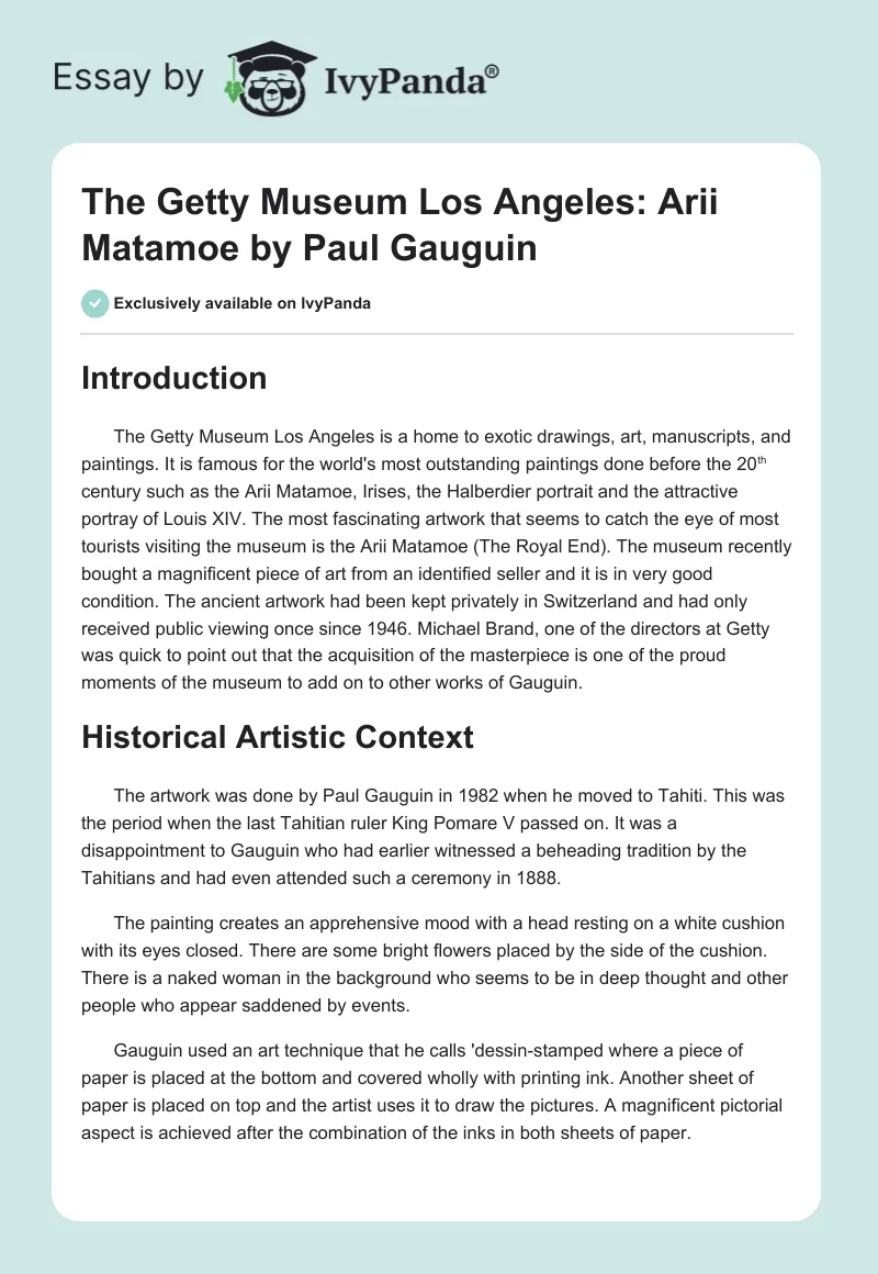 The Getty Museum Los Angeles: Arii Matamoe by Paul Gauguin. Page 1