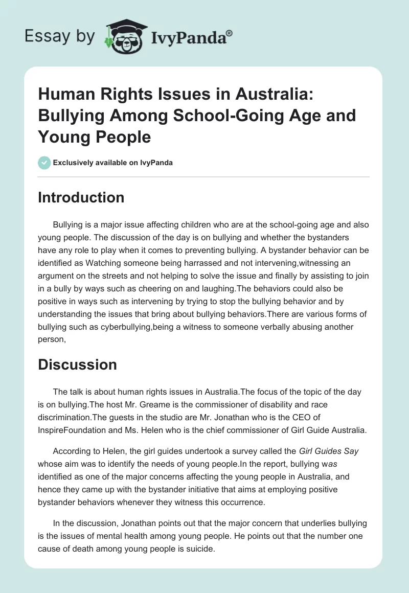 Human Rights Issues in Australia: Bullying Among School-Going Age and Young People. Page 1