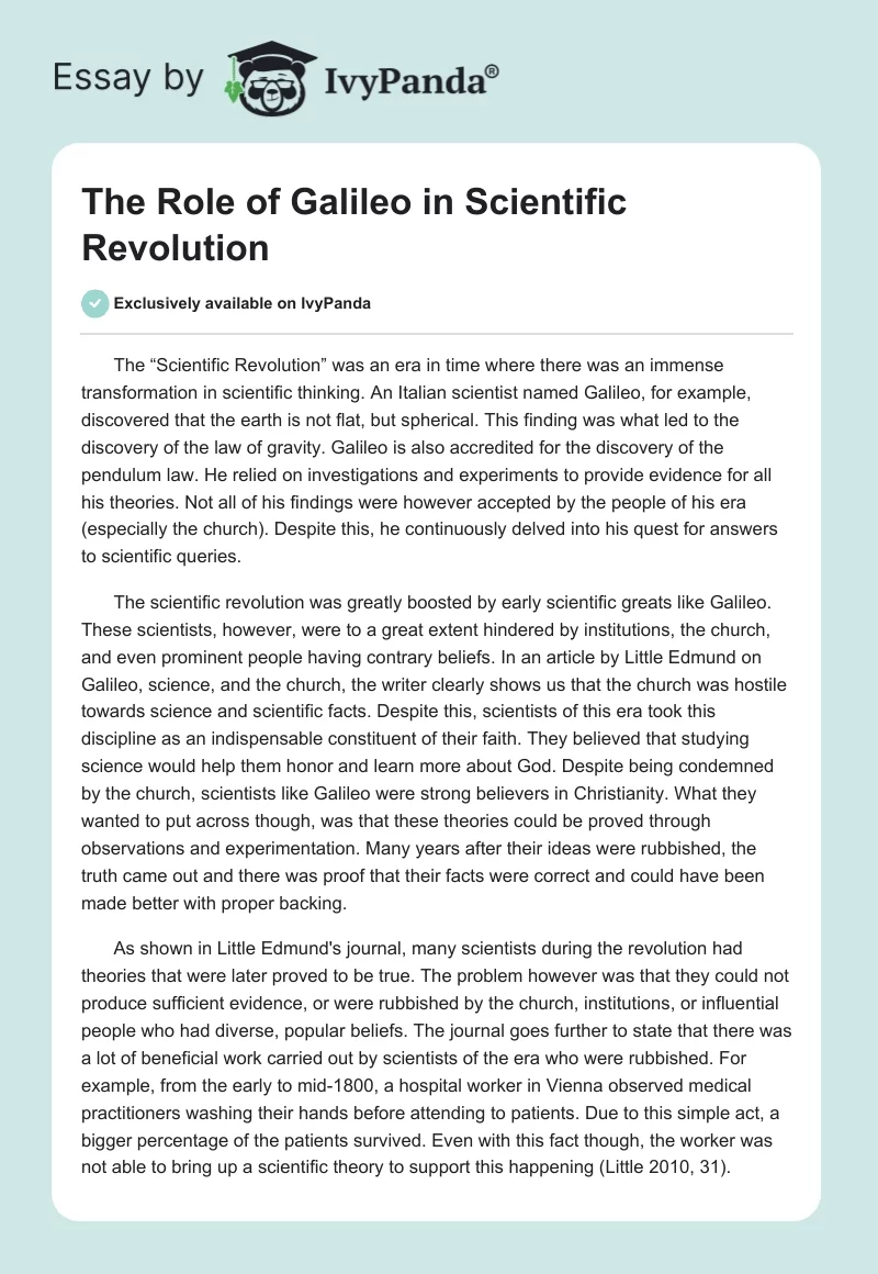 The Role of Galileo in Scientific Revolution. Page 1