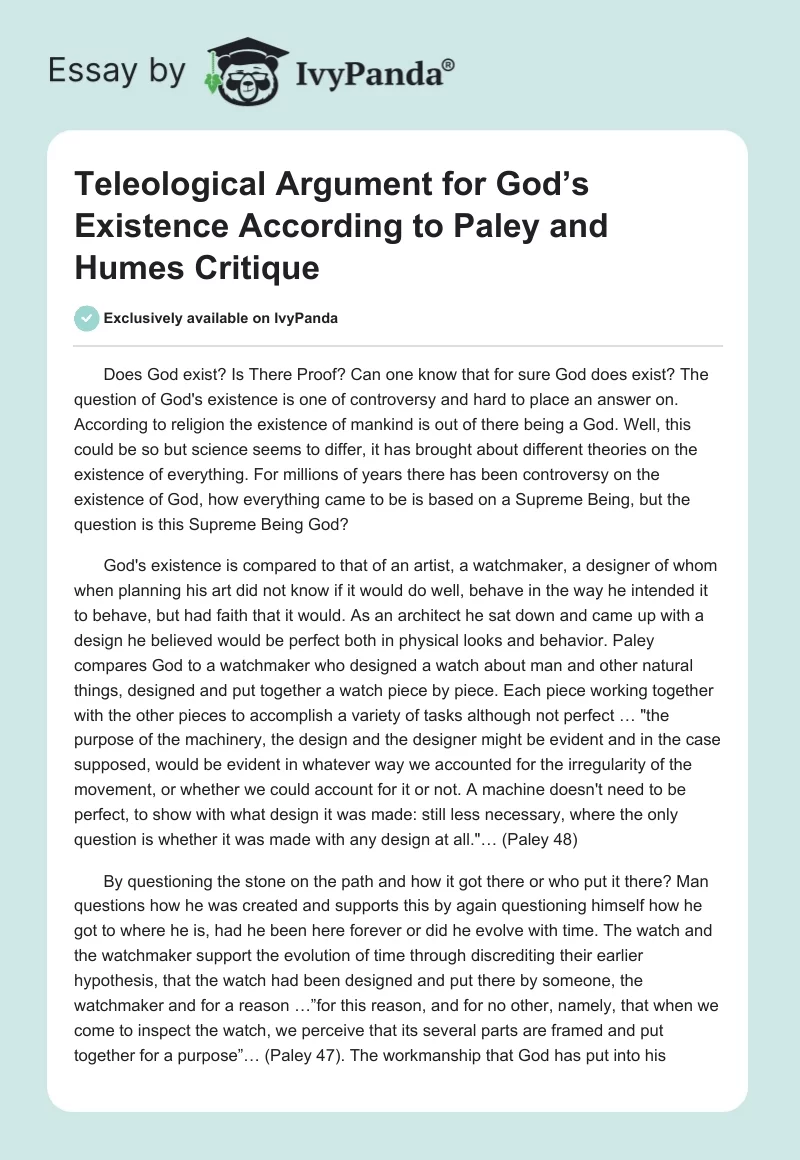 Teleological Argument for God’s Existence According to Paley and Humes Critique. Page 1