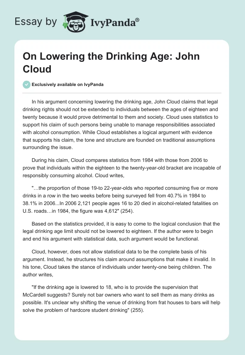 On Lowering the Drinking Age: John Cloud. Page 1