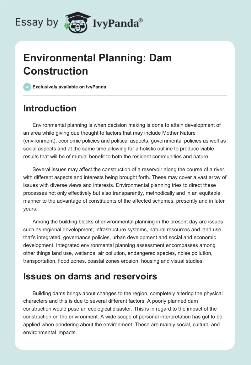 Environmental Planning: Dam Construction. Page 1