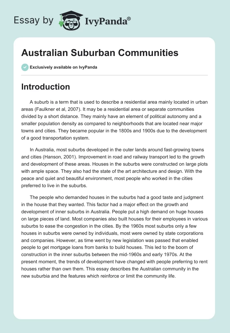 Australian Suburban Communities. Page 1