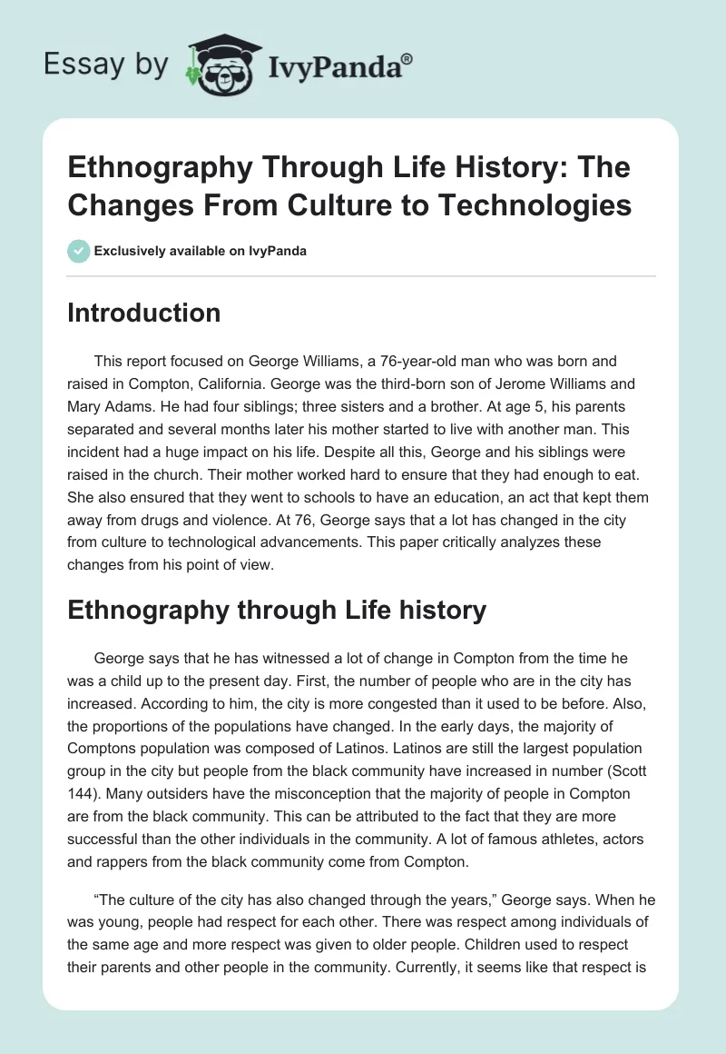 Ethnography Through Life History: The Changes From Culture to Technologies. Page 1