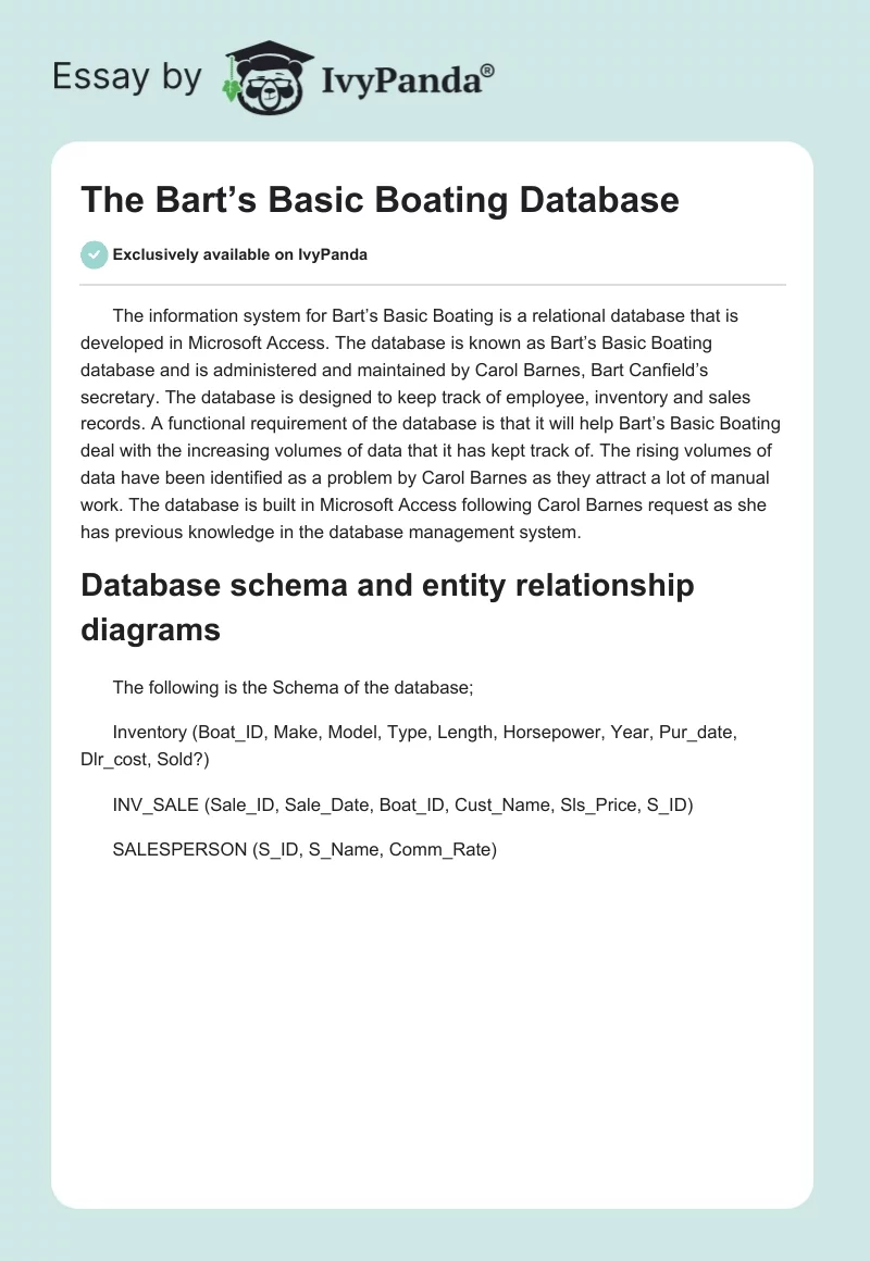 The Bart’s Basic Boating Database. Page 1