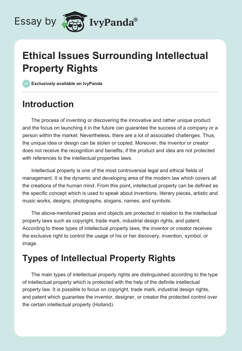 Ethical Issues Surrounding Intellectual Property Rights. Page 1