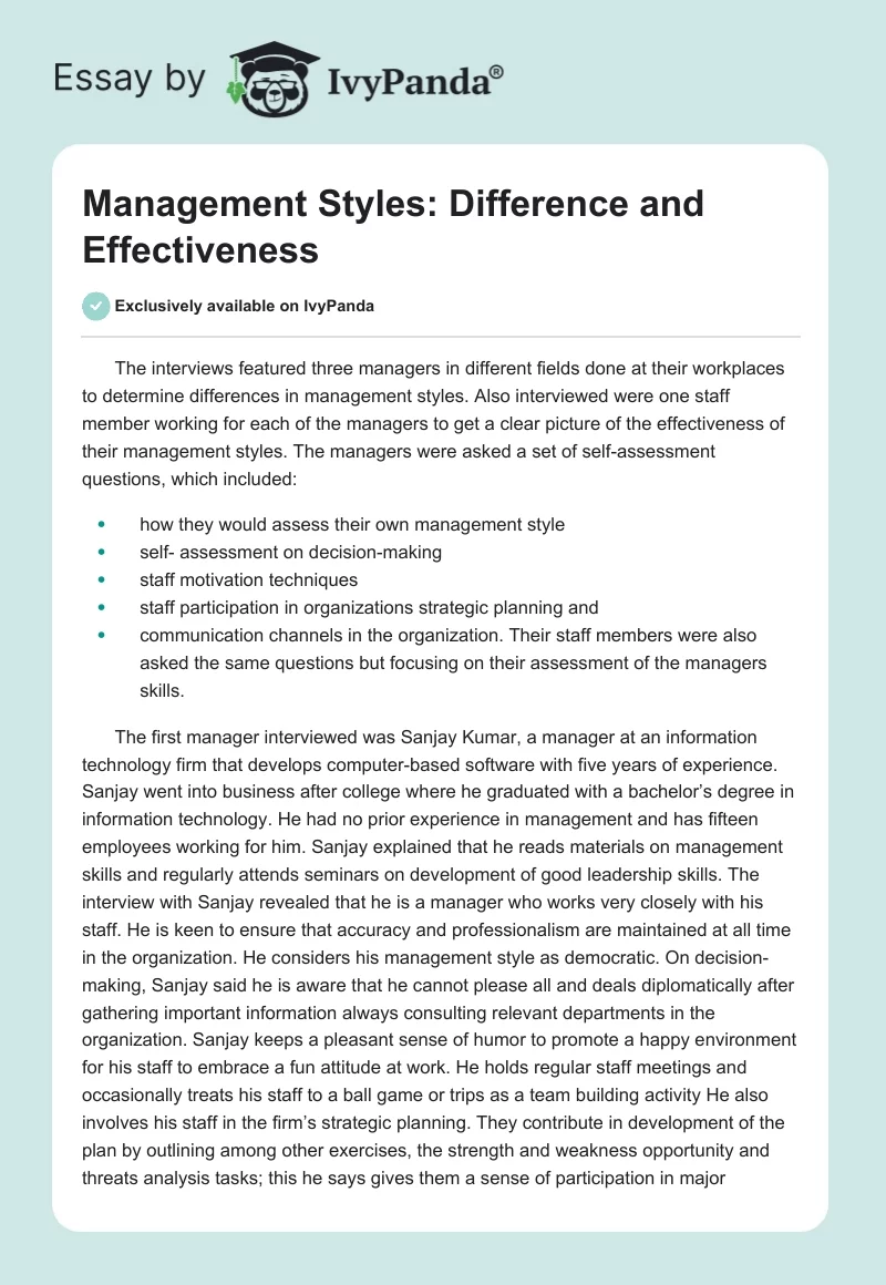 Management Styles: Difference and Effectiveness. Page 1