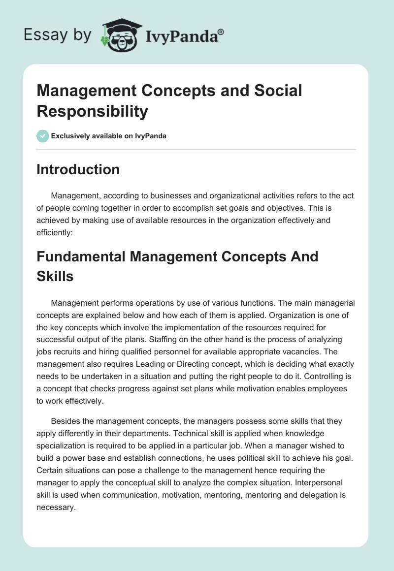 Management Concepts and Social Responsibility. Page 1