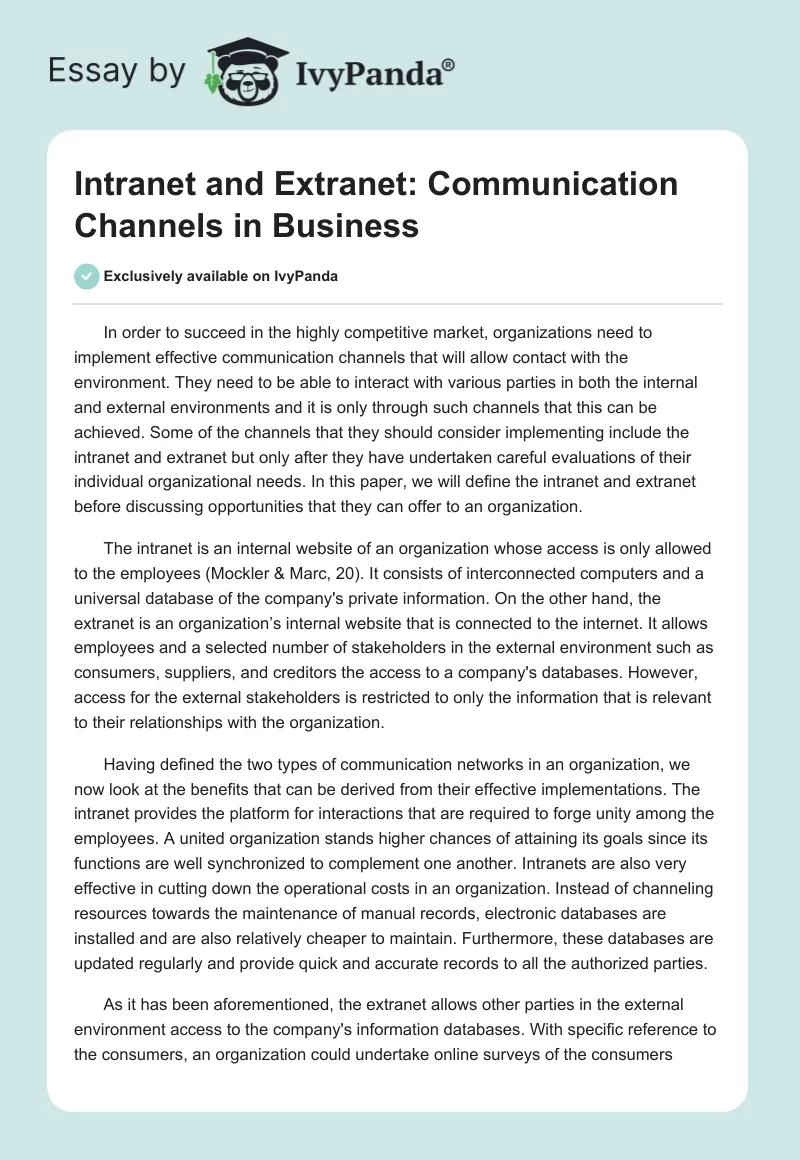 Intranet and Extranet: Communication Channels in Business. Page 1