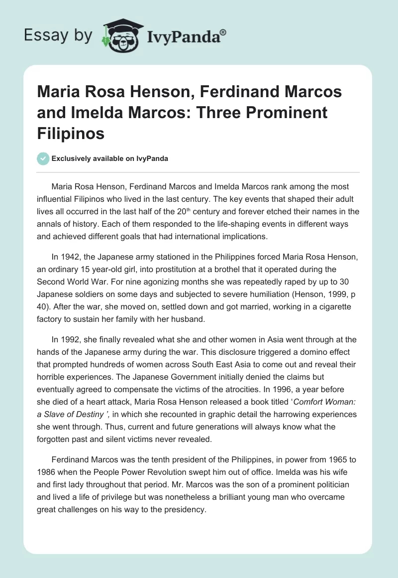Maria Rosa Henson, Ferdinand Marcos and Imelda Marcos: Three Prominent Filipinos. Page 1