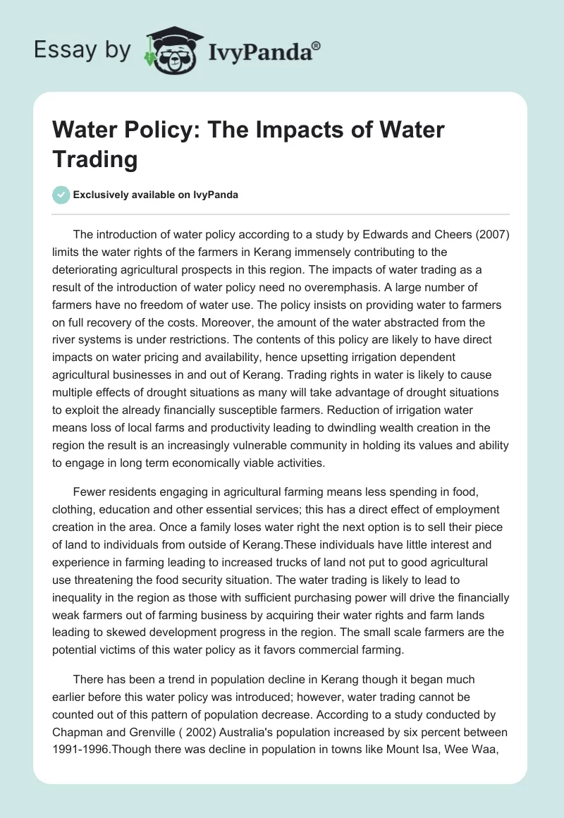 Water Policy: The Impacts of Water Trading. Page 1