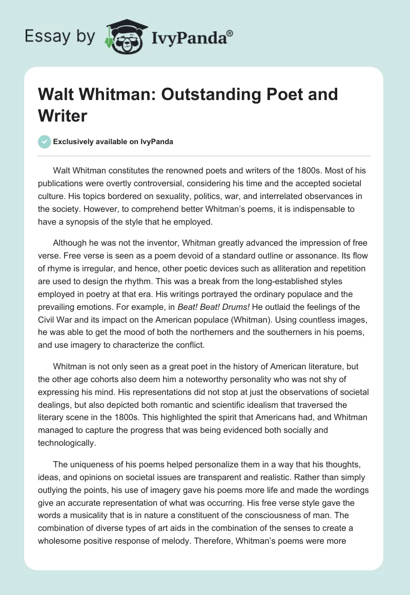 Walt Whitman: Outstanding Poet and Writer. Page 1