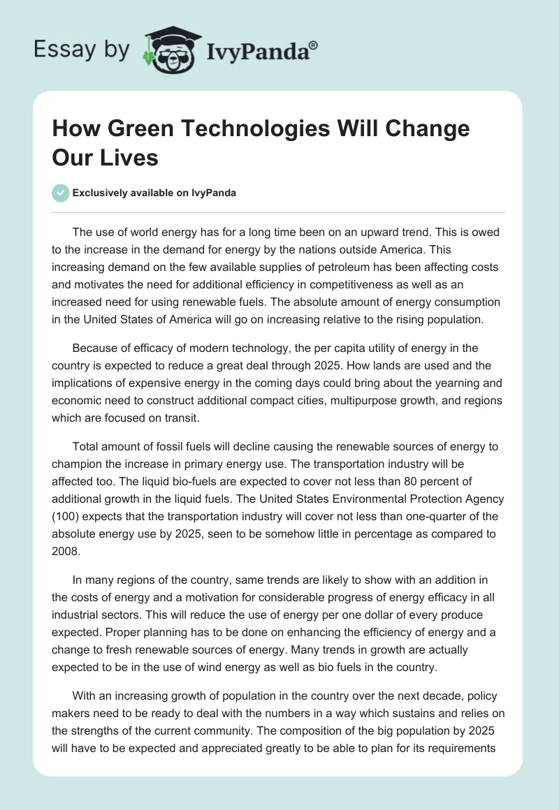 How Green Technologies Will Change Our Lives. Page 1