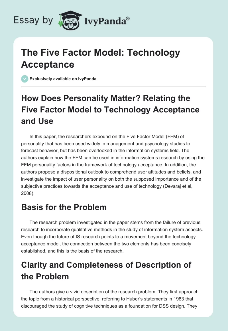 The Five Factor Model: Technology Acceptance. Page 1