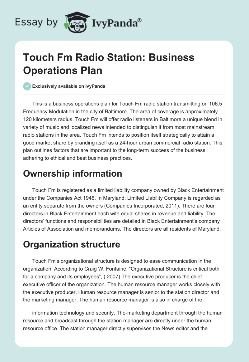 Touch FM Radio Station: Business Operations Plan. Page 1