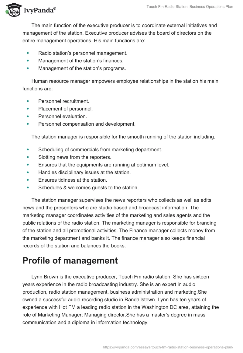 Touch FM Radio Station: Business Operations Plan. Page 3