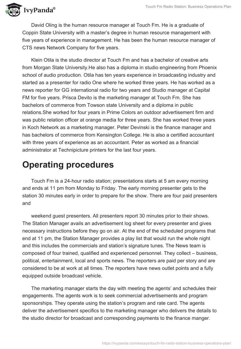 Touch FM Radio Station: Business Operations Plan. Page 4