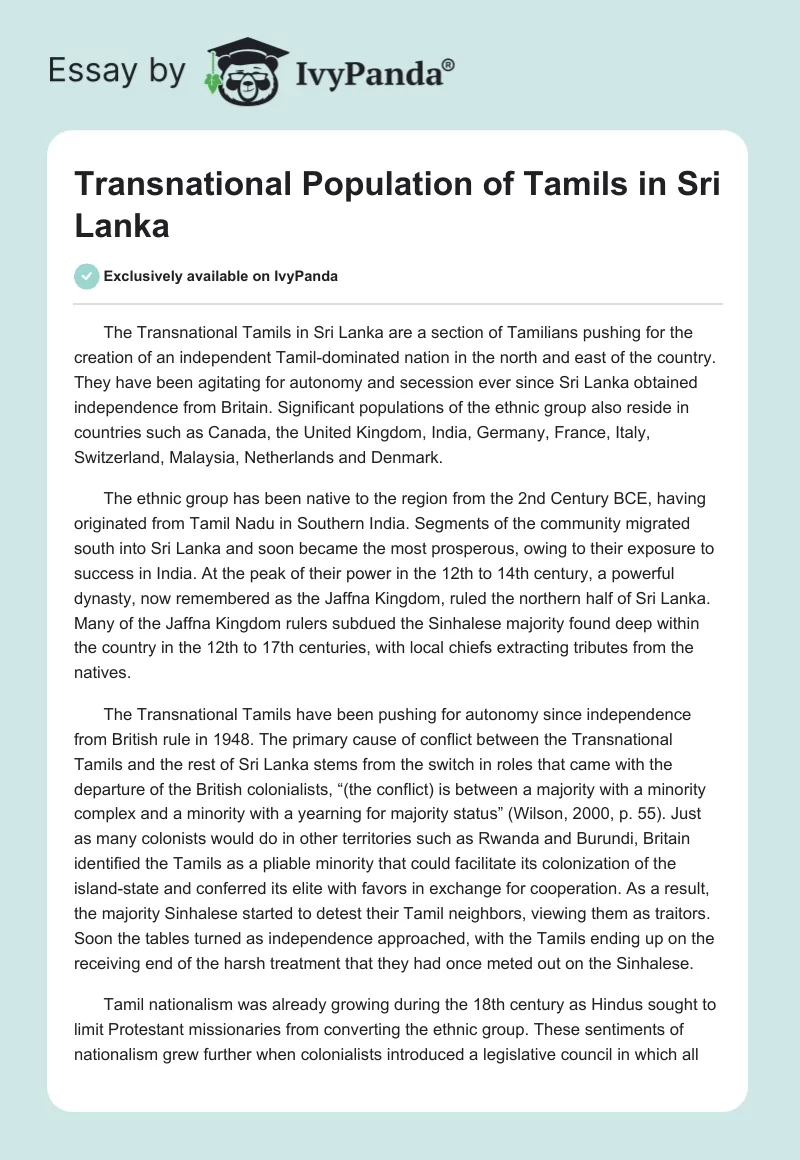 Transnational Population of Tamils in Sri Lanka. Page 1