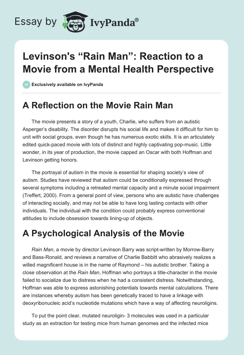 Levinson's “Rain Man”: Reaction to a Movie From a Mental Health Perspective. Page 1