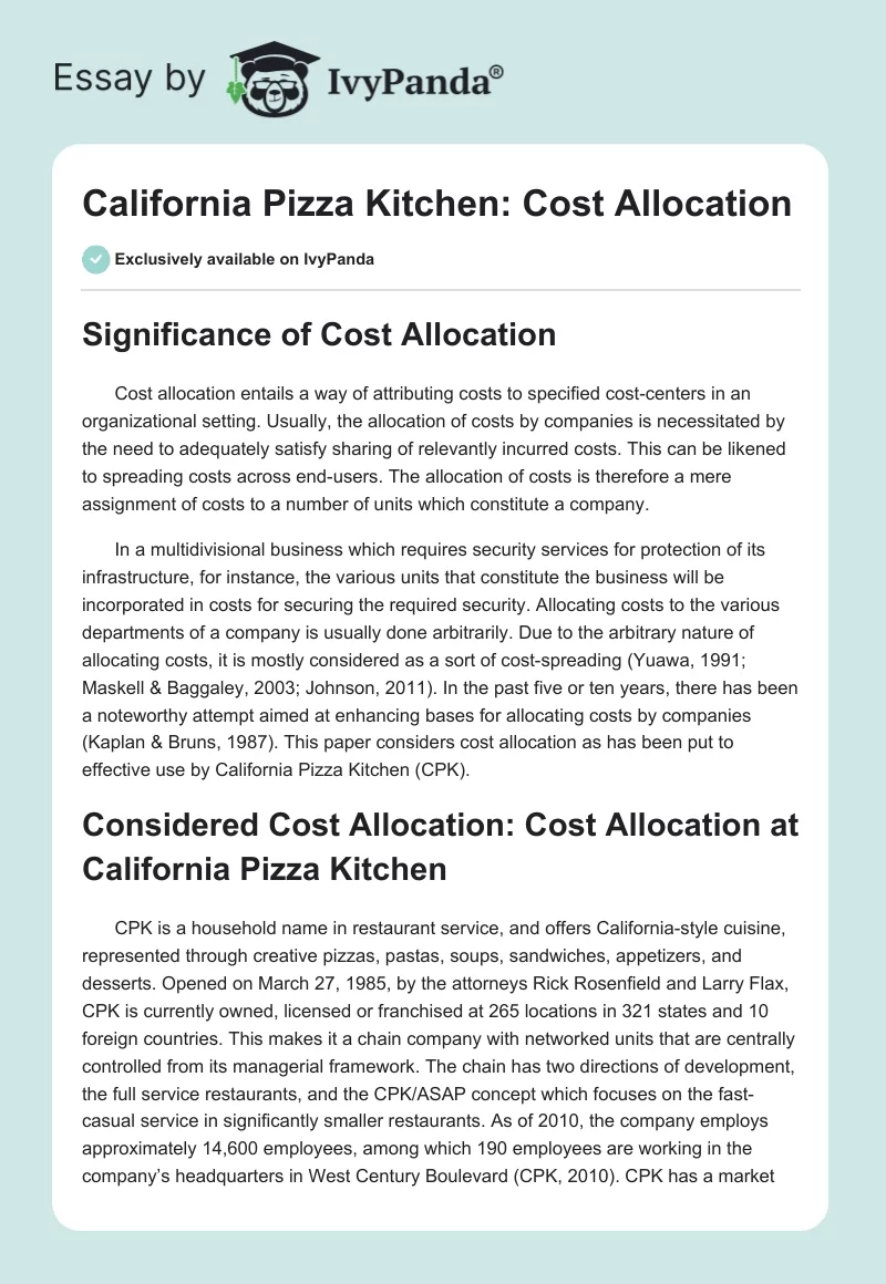 California Pizza Kitchen: Cost Allocation. Page 1