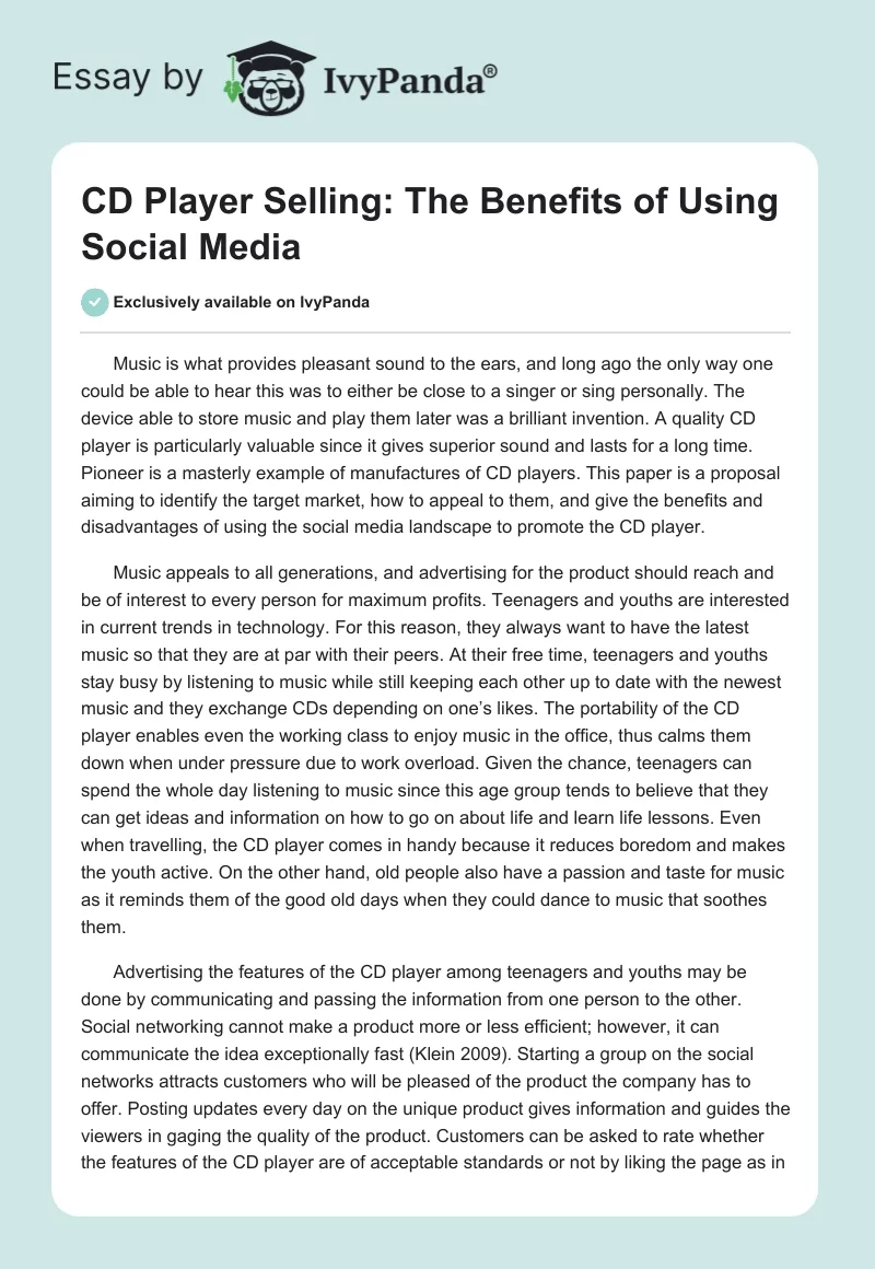 CD Player Selling: The Benefits of Using Social Media. Page 1