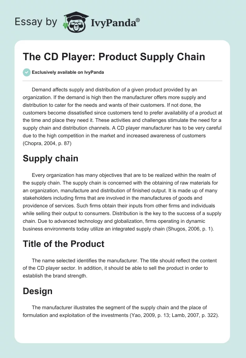 The CD Player: Product Supply Chain. Page 1