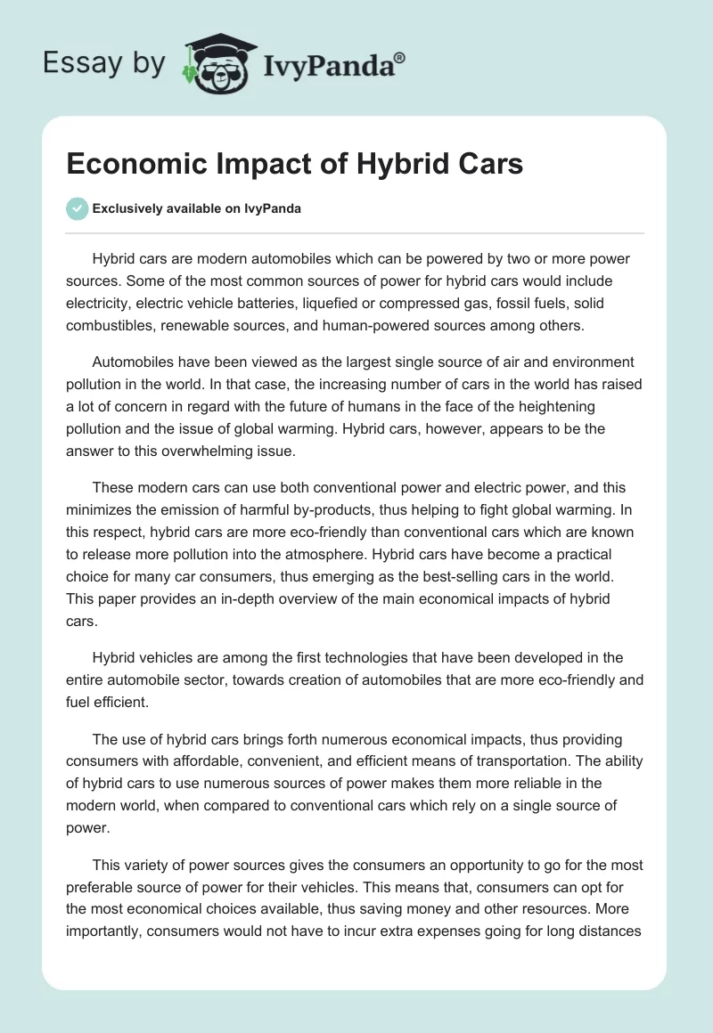 Economic Impact of Hybrid Cars. Page 1